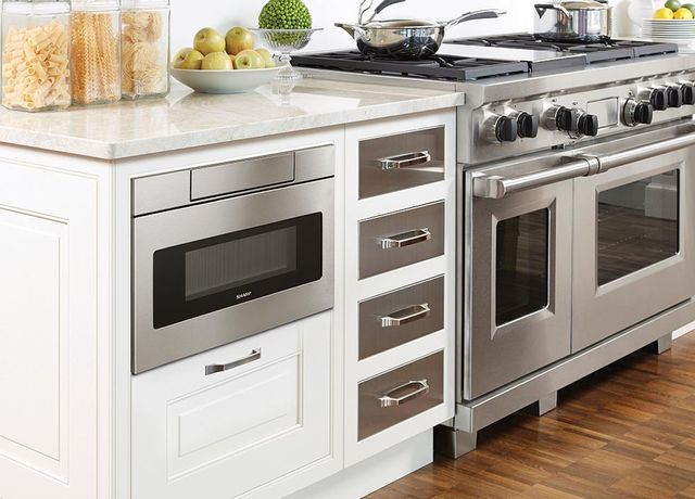front view of a microwave drawer built into a modern kitchen with a built in microwave drawer