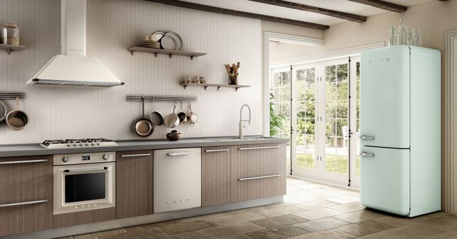 front view of a modern kitchen with Smeg appliances including a dishwasher