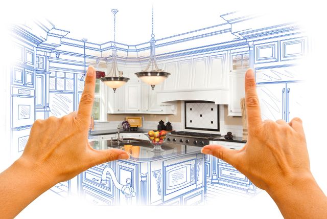 View of a virtual blueprint of a kitchen transforming into a final product