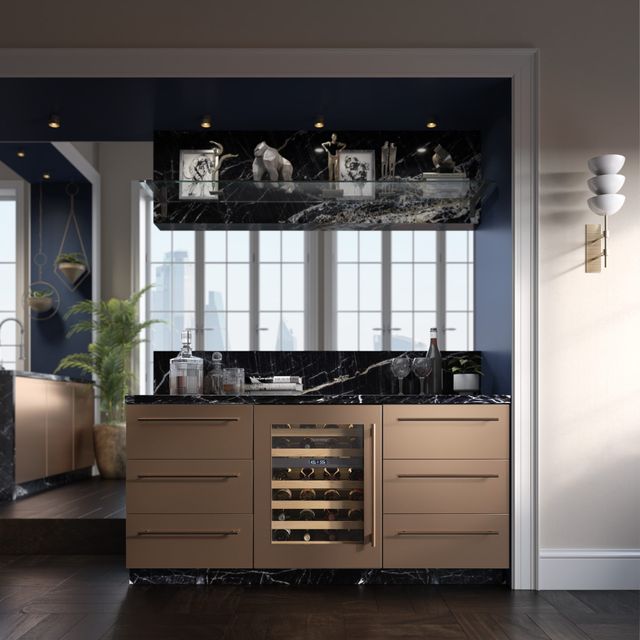 Front view of a modern living area with a Sub-Zero wine cooler