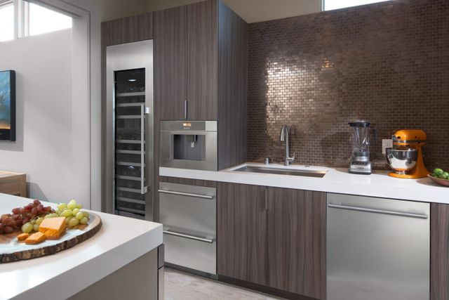 View of a modern kitchen with stainless steel Thermador appliances