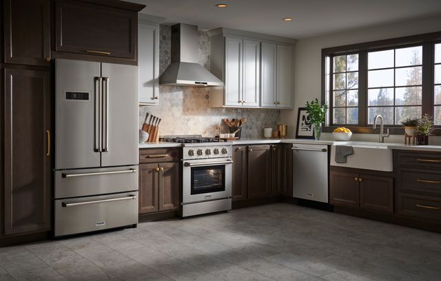 Front view of a modern kitchen with Thor stainless steel appliances.