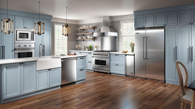 front view of a modern kitchen with Viking stainless steel appliances