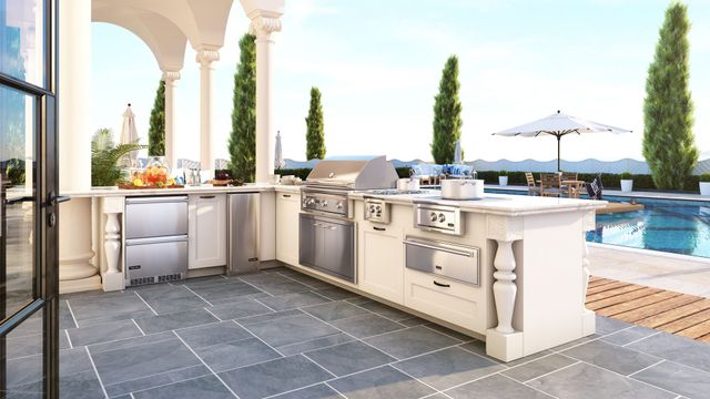 Front view of a luxury outdoor kitchen with Viking appliances