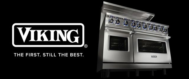 Front view of the Viking logo and range on a black background