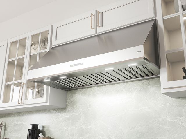 Front view of a modern kitchen with a stainless steel under the cabinet hood