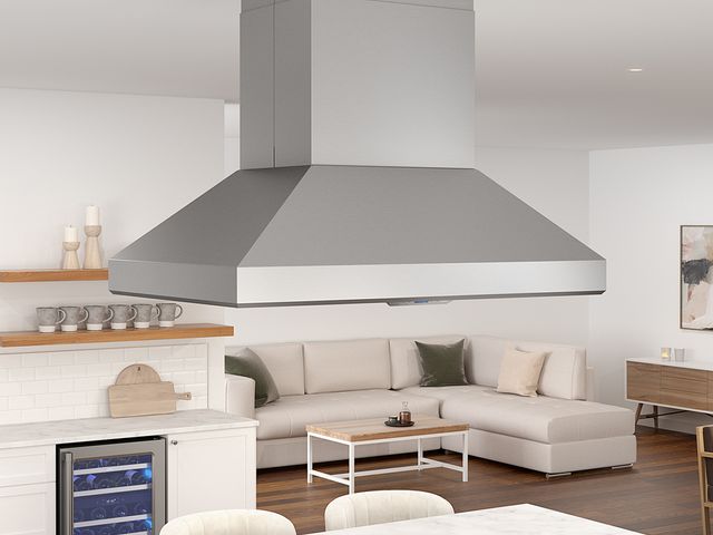 View of a Zephyr island range hood in a modern kitchen