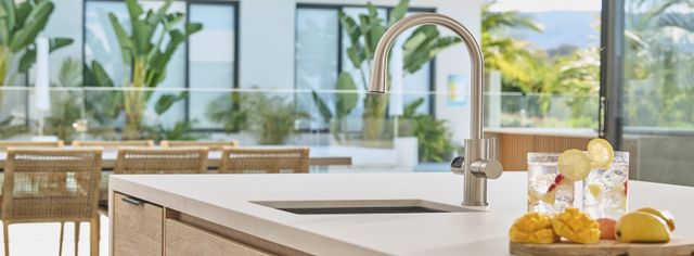 front view of a stainless steel faucet in a luxury kitchen