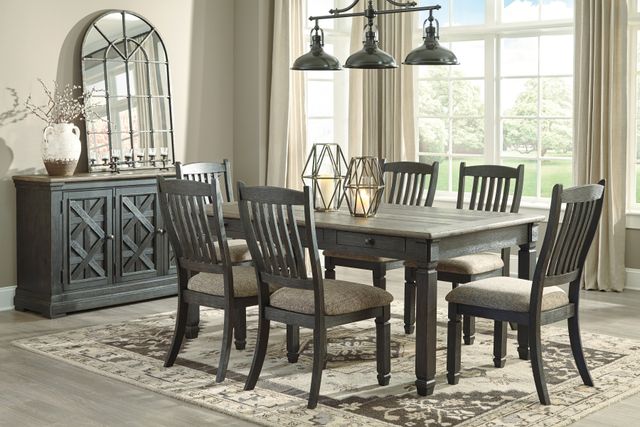 front view of a modern transitional dining room with a wooden table and chairs