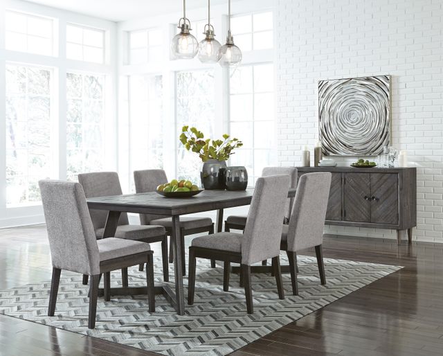 front view of a modern dining room with a modern dining set with a grey rectangle table and grey upholstered seats around it