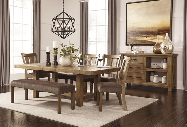 front view of a modern farmhouse dining room with a wooden dining room set