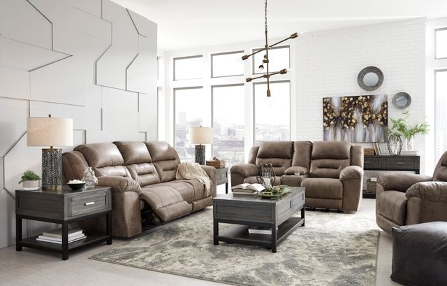 front view of a modern living room with a signature design by ashley reclining sofa