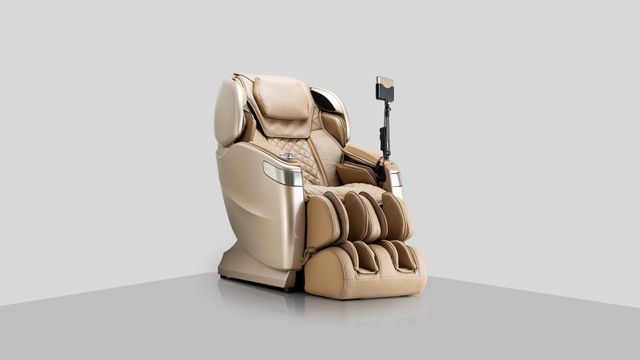 front view of a beige Cozzia massage chair on a beige background