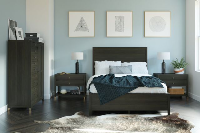 Front view of a modern bedroom with black wooden furniture