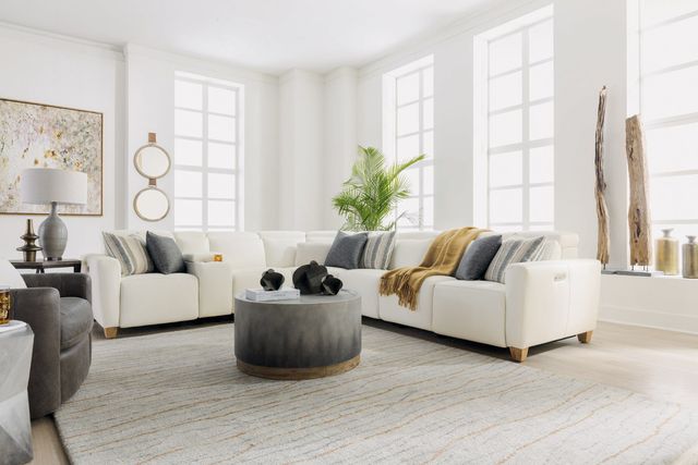 front view of a white flexsteel sectional in a modern living room