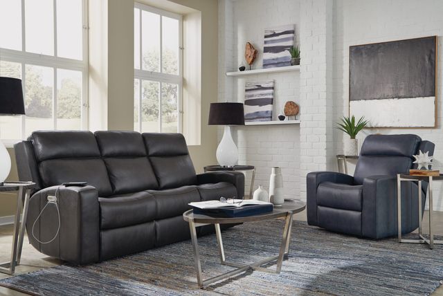 front view of a modern living room with a blue leather flexsteel sofa and chair
