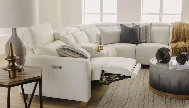 front view of a white flexsteel sectional in a modern living room