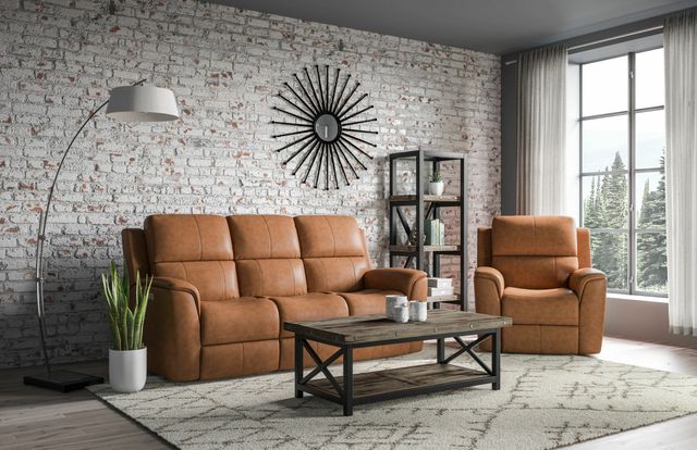 front view of a rustic living room with a brick wall and a brown leather flexsteel recliner sofa, with a coffee table in front of it, and a matching brown leather recliner on the right