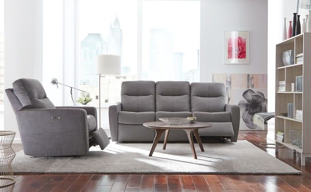 front view of a modern living room with a palliser recliner and sofa