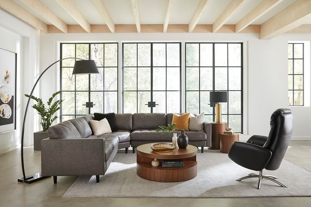 front view of a contemporary living room with palliser furniture 