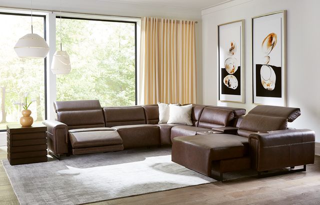 front view of a brown leather palliser sectional
