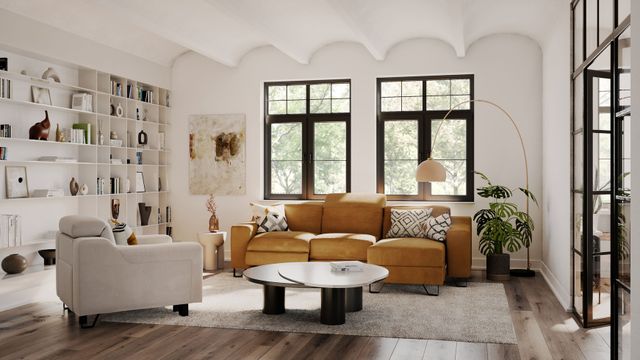 Front view of a modern living room with Palliser furniture 