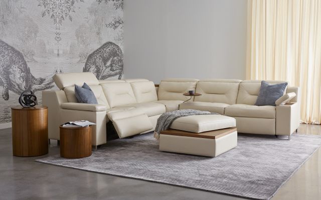 front view of a white palliser sectional and matching ottoman with the lid taken off