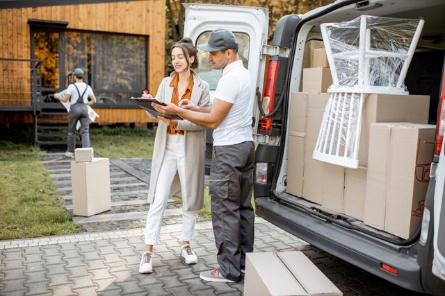 Front view of a woman signing for a furniture delivery outside of her home