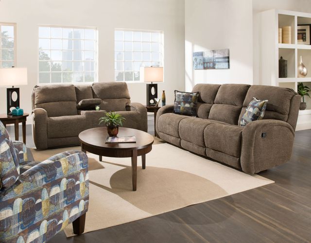 front view of a modern living room with a Southern Motion brown recliner sofa