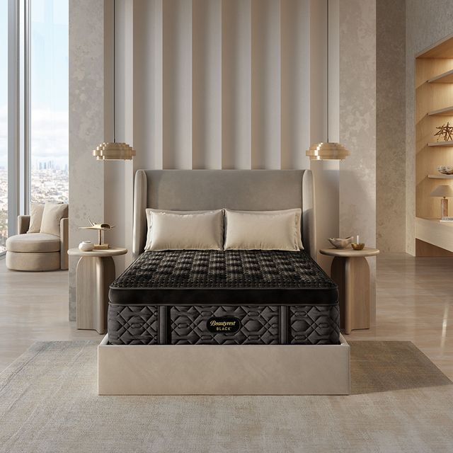 Front view of a modern bedroom with a Beautyrest Black mattress