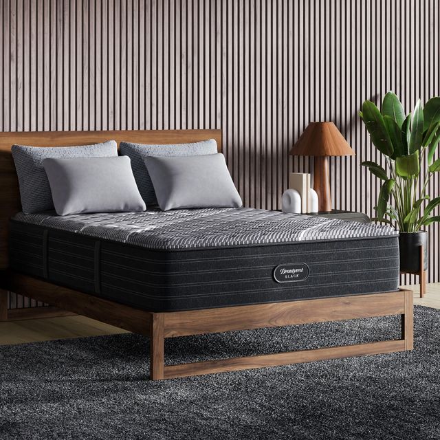 Front view of a modern bedroom with a Beautyrest Black mattress