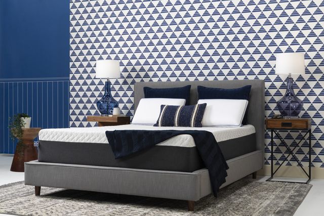 Front view of a modern bedroom with a Sealy mattress