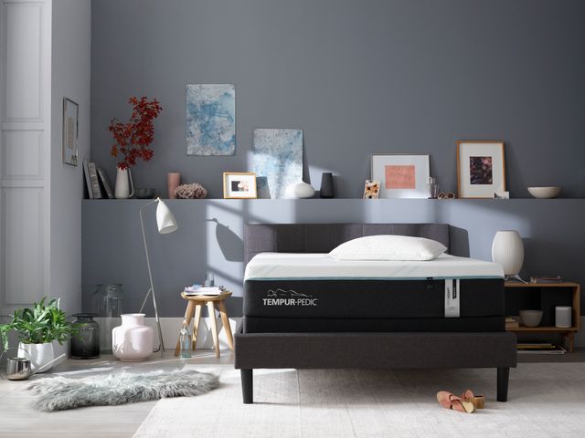 Front view of a modern bedroom with a full-size memory foam Tempur-Pedic mattress