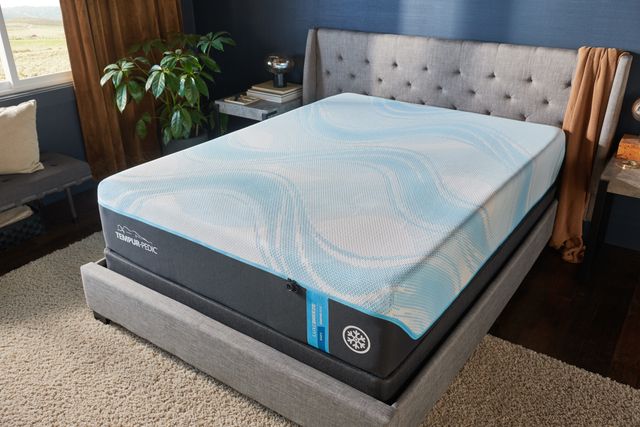 front view of a tempurpedic mattress on a standard size bed frame