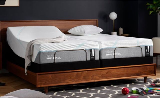 front view of a Tempur Pedic split bed in a modern bedroom