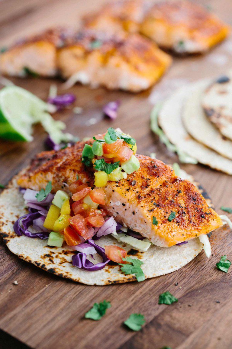 Maple Chipotle Salmon Tacos with Mango Salsa