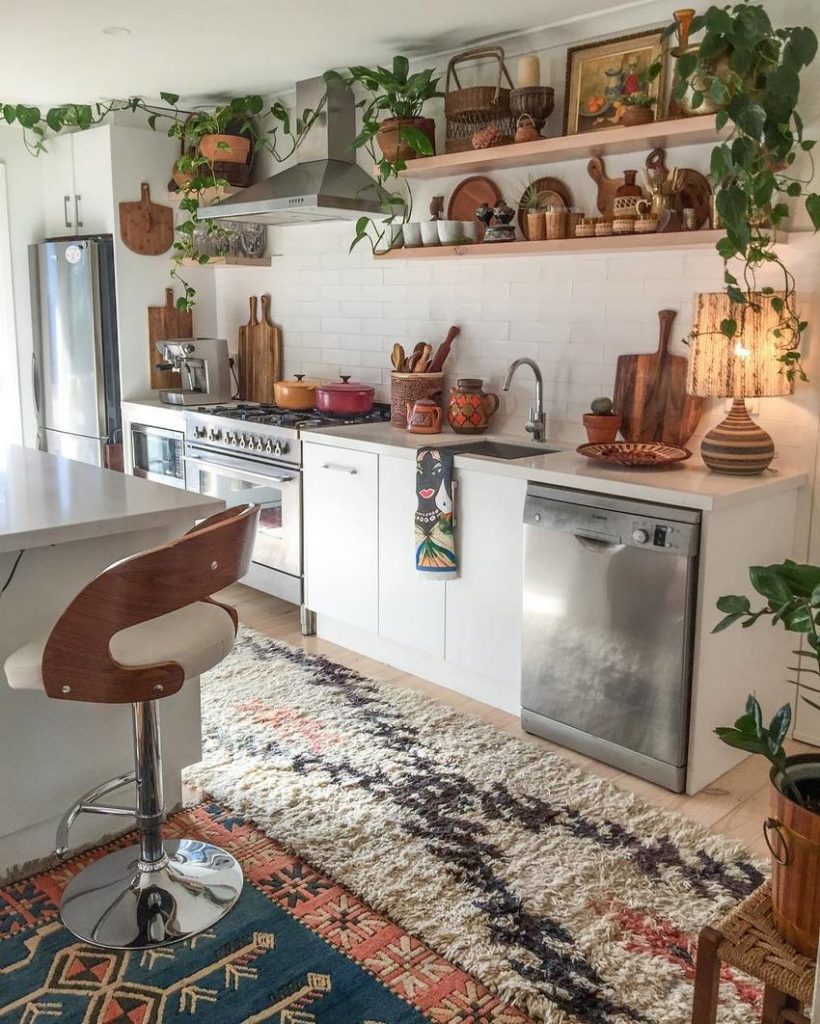 Bohmian style kitchen with plants