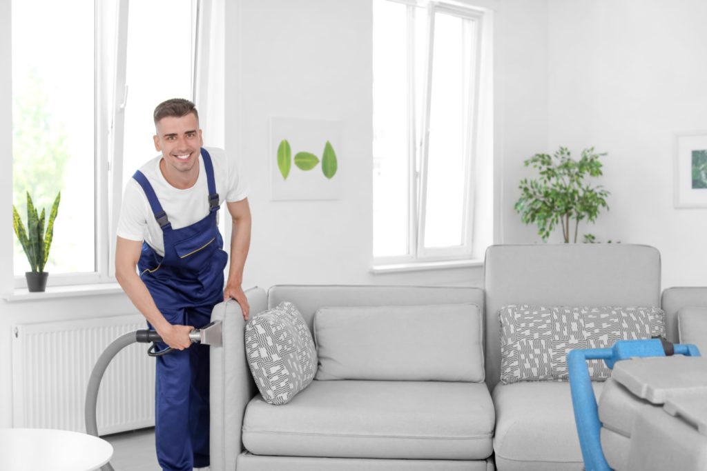 Professional cleaning a fabric sofa