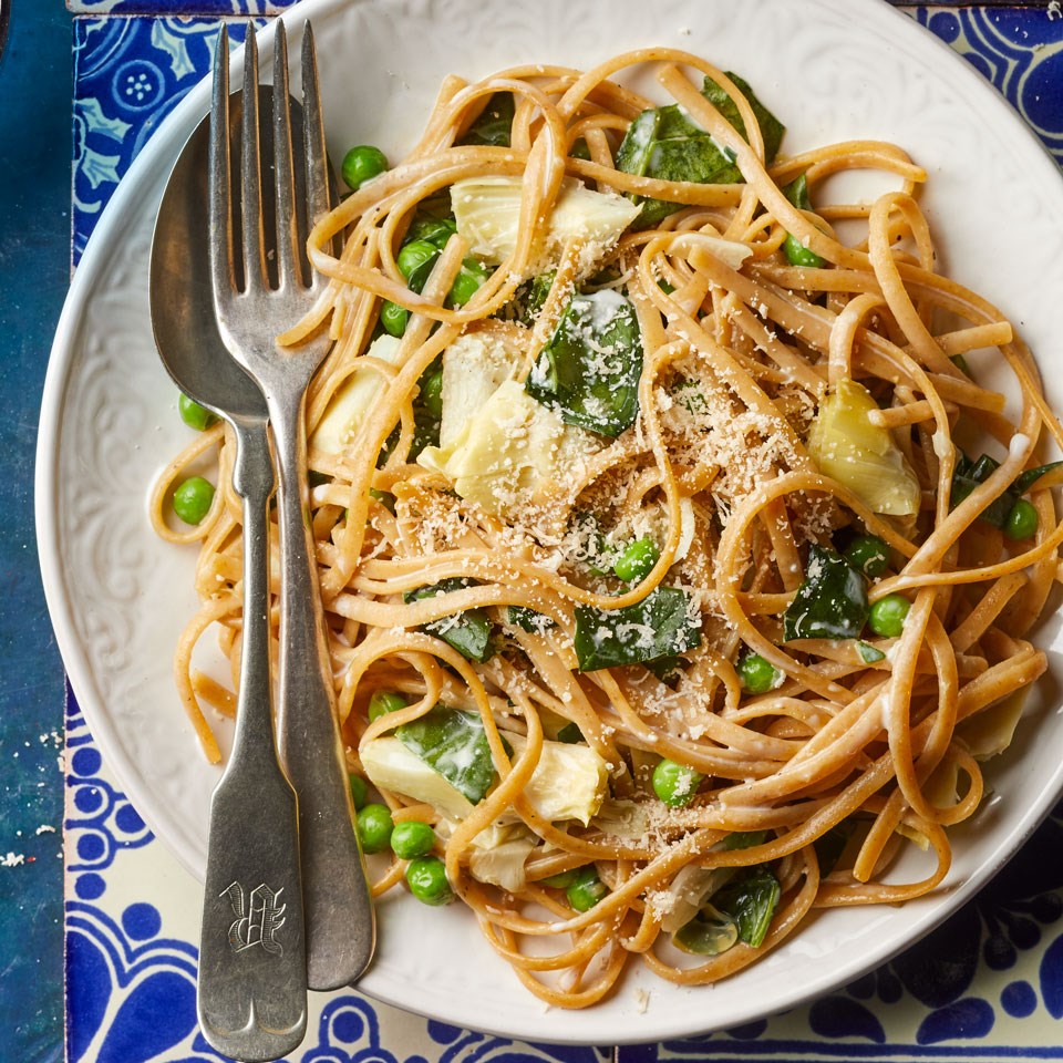 Lemony linguine with spring vegetables recipe