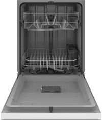 front view of the opened GE® 24" White Built In Dishwasher