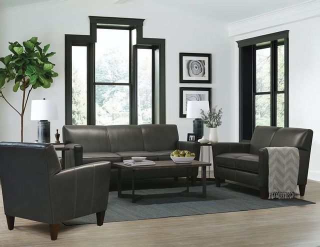 Black leather loveseat, sofa, and chair