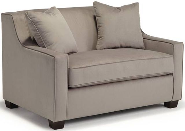 front angled view of a beige sofa sleeper