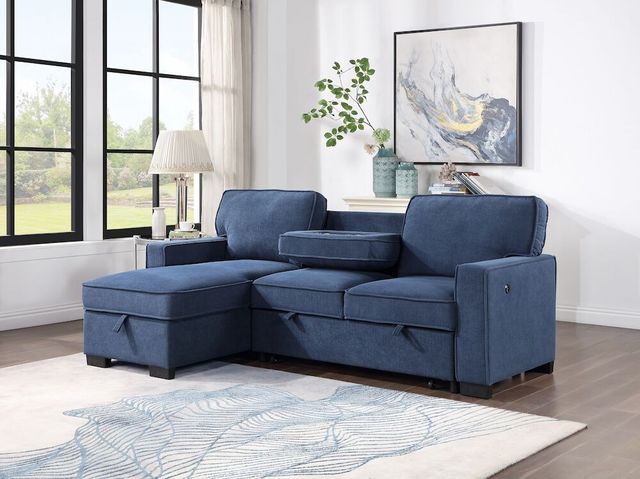 front right angled view of a blue sofa in a chic small space