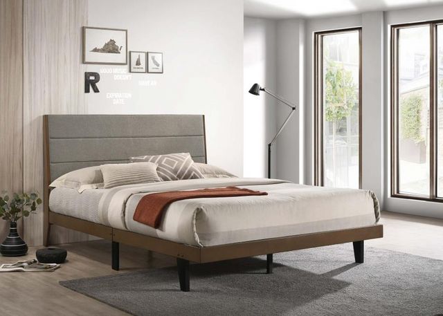 front view of a modern bedroom with a low platform bed