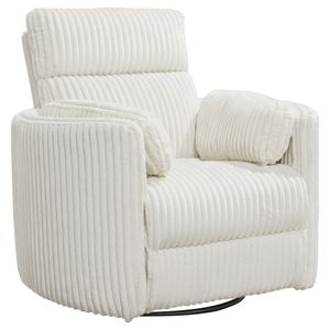 front left view of the Mega Swivel Recliner (White), a white fluffy upholstered recliner