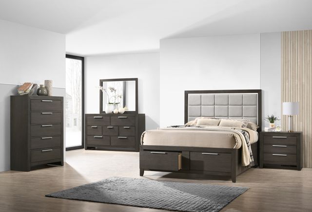 front view of a contemporary bedroom with a grey platform bed frame and matching bedroom furniture