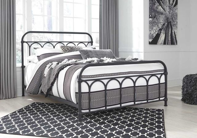 front view of a modern black and white bedroom with a black wire frame