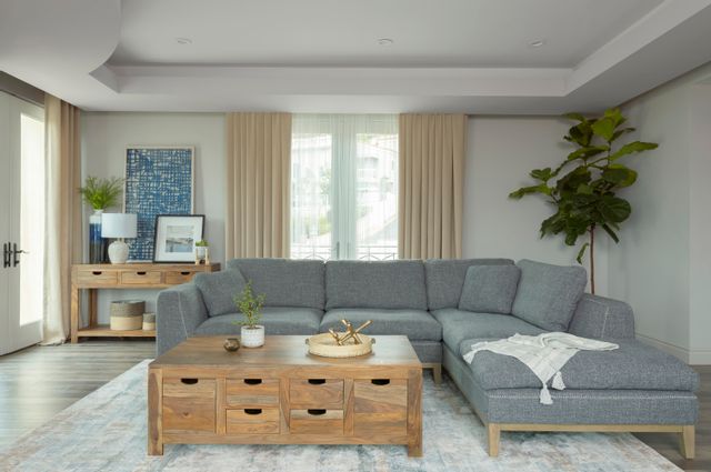 front view of the  Coaster® Persia 2-Piece Grey Modular Sectional in a mid-century modern living room