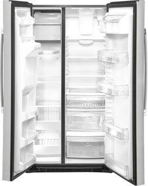 front view of an opened GE® 21.8 Cu. Ft. Stainless Steel Counter Depth Side-By-Side Refrigerator
