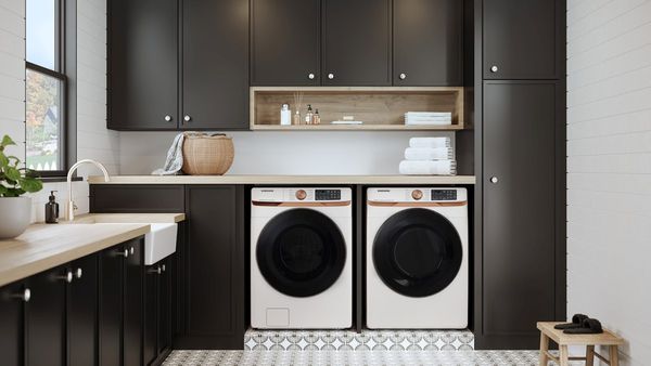 Laundry Room Featuring a Samsung 8300 Series 5.0 Cu. Ft. Ivory Front Load Washer